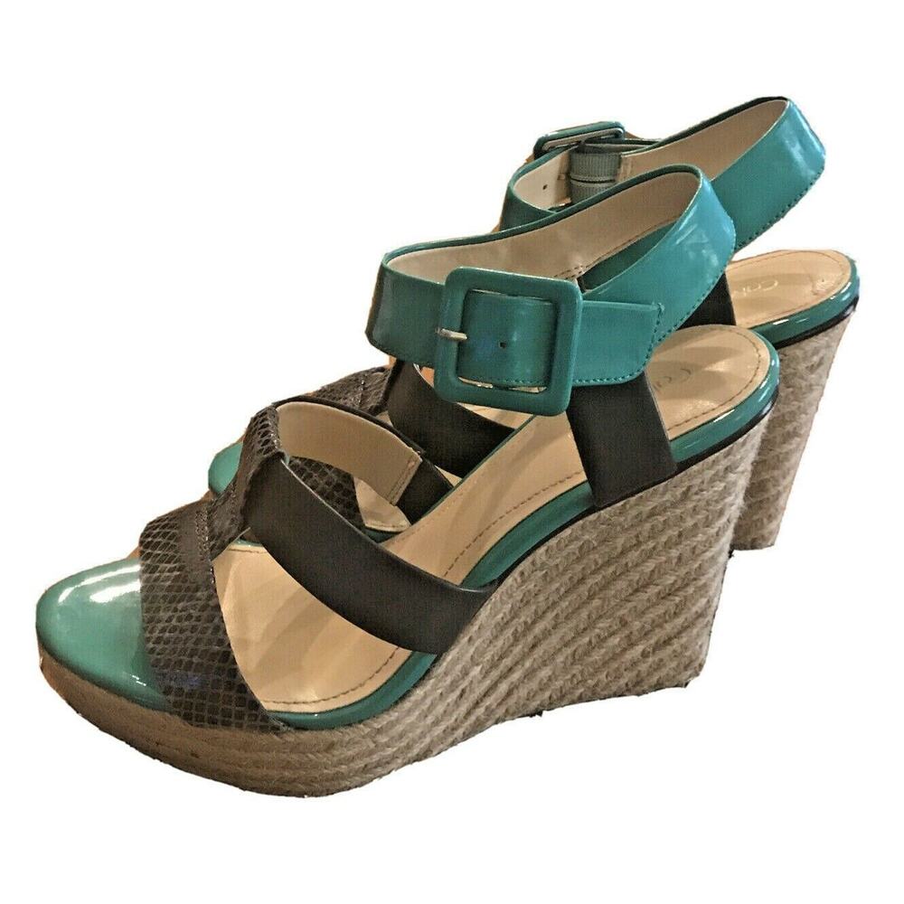8.5M Calvin Klein Ellison 2 Tone Grey Teal 4 1/2"Wedge Open‎ Toe Shoes